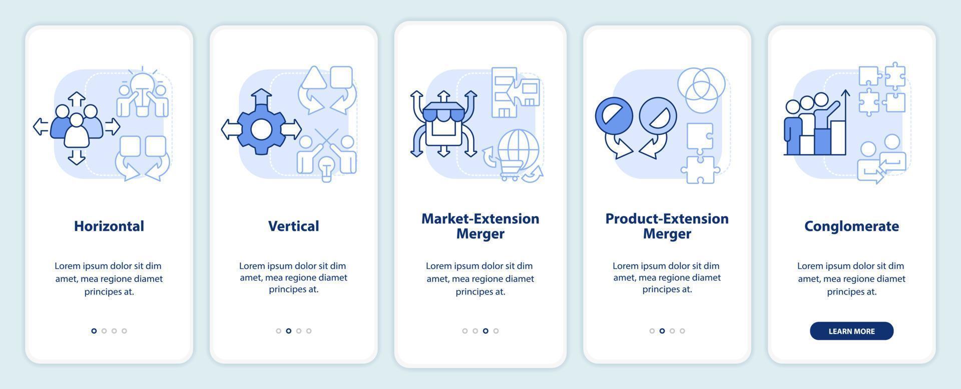 les types de fusions lumière bleu l'intégration mobile app filtrer. affaires procédure pas à pas 5 pas modifiable graphique instructions avec linéaire concepts. interface utilisateur, ux, gui modèle vecteur