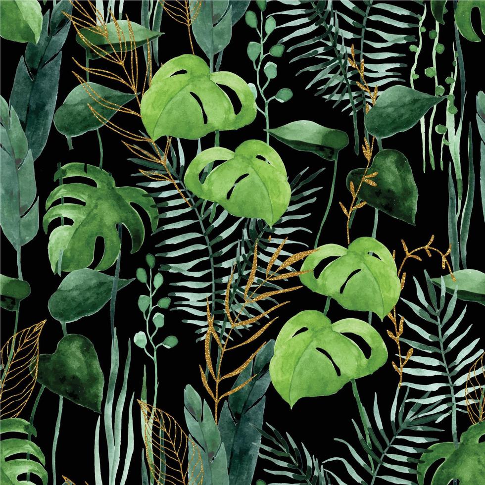 sans couture tropical modèle sur une foncé Contexte avec d'or éléments, monstera feuilles, palmiers. jungle, forêt tropicale vecteur