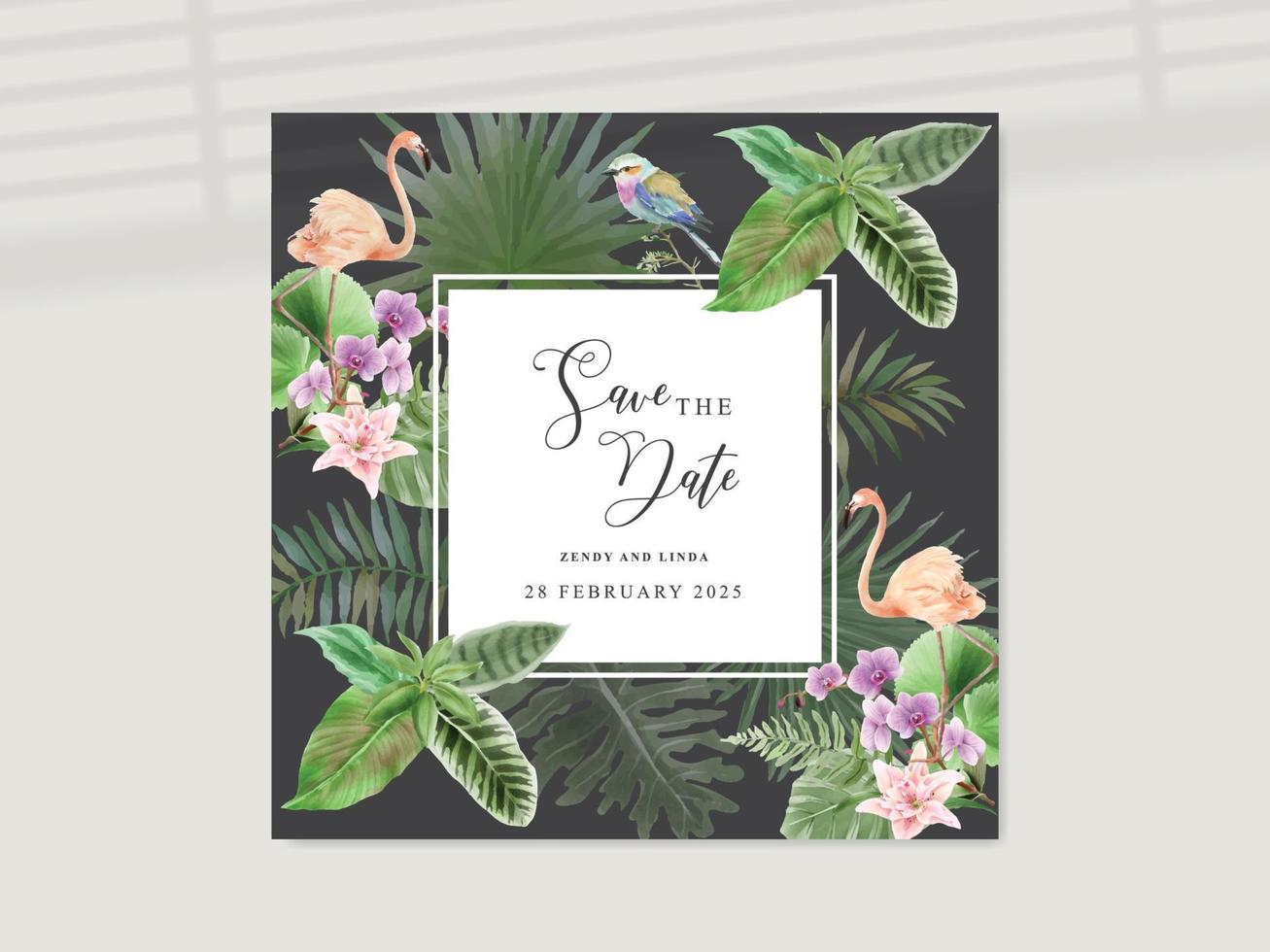 belle carte d'invitation de mariage tropical floral vecteur