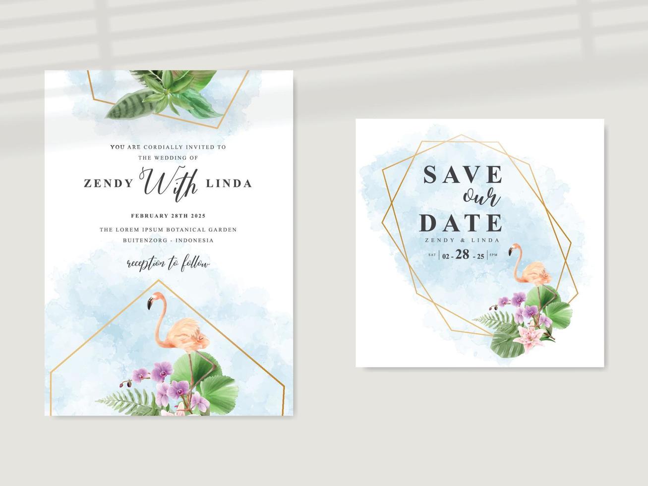 belle carte d'invitation de mariage tropical floral vecteur