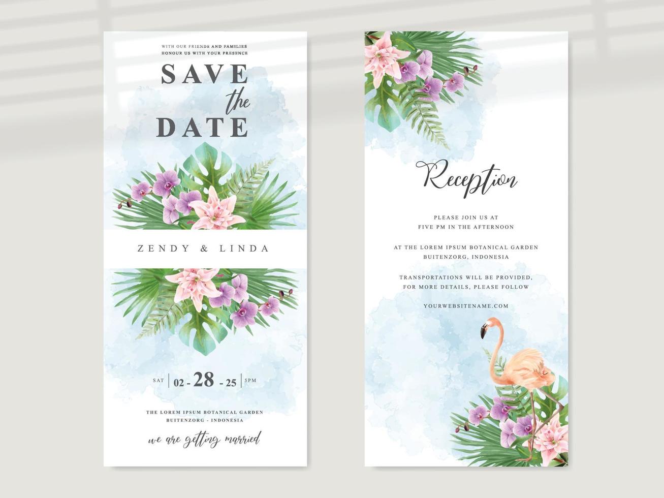 belle carte d'invitation de mariage tropical floral vecteur