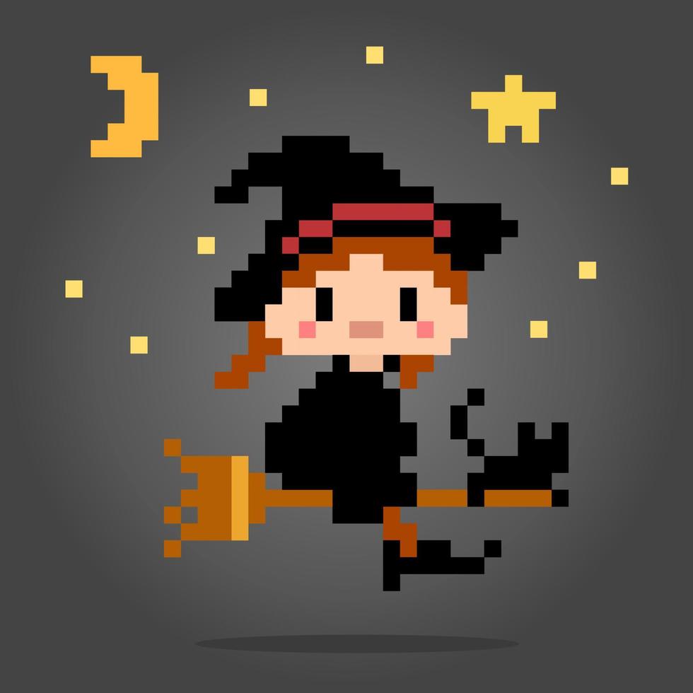 Pixel 8 bits la sorcière volant avec un balai et un chat noir avec elle en illustration vectorielle pour l'actif du jeu ou le motif de point de croix vecteur