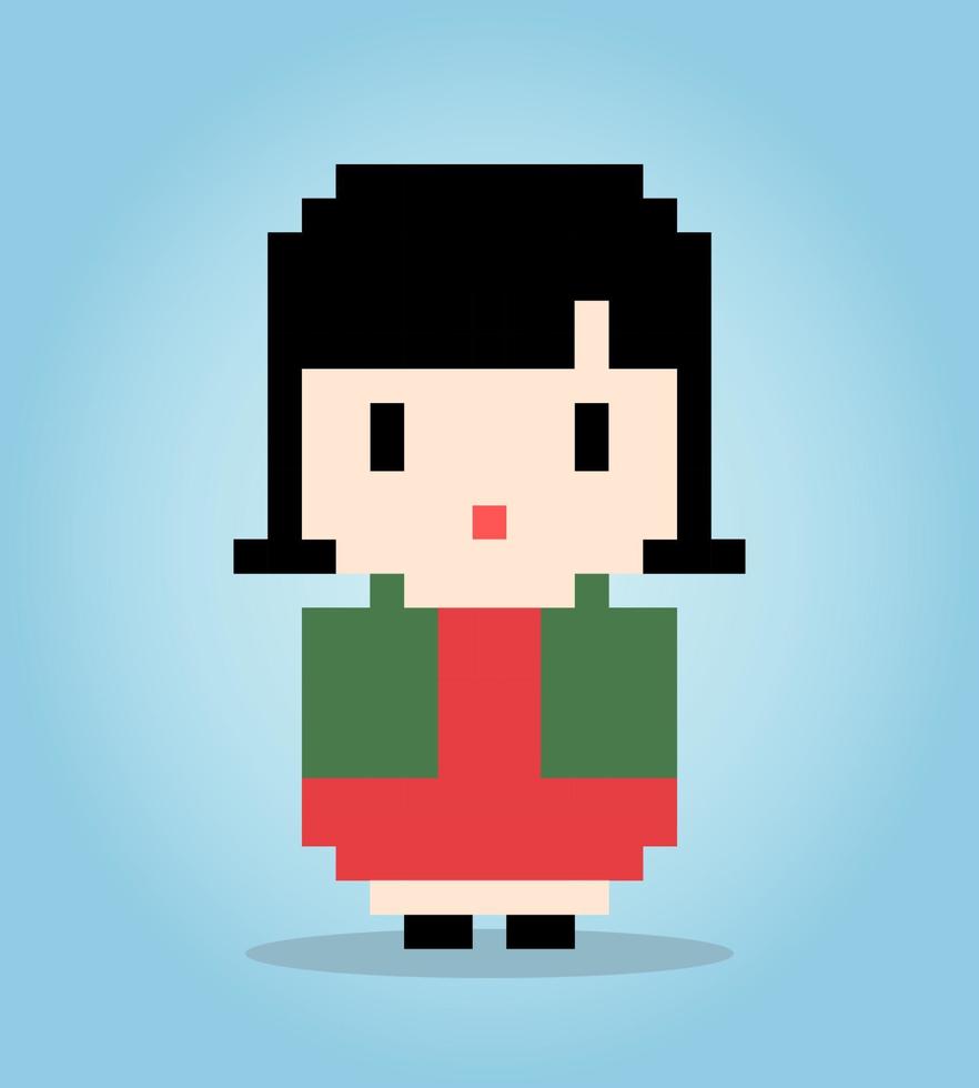 Pixel 8 bits de fille asiatique. femmes de bande dessinée dans des illustrations vectorielles. vecteur