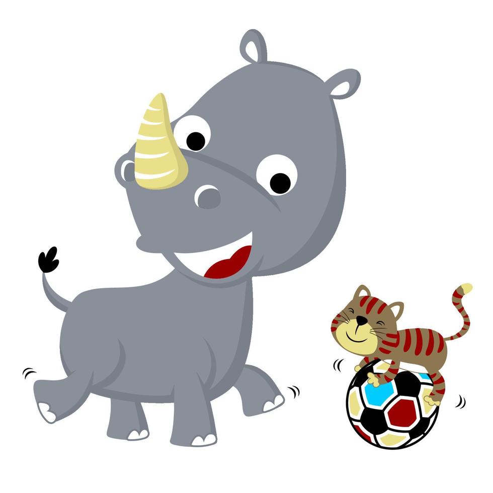 en jouant Balle avec rhinocéros et chat, vecteur dessin animé illustration