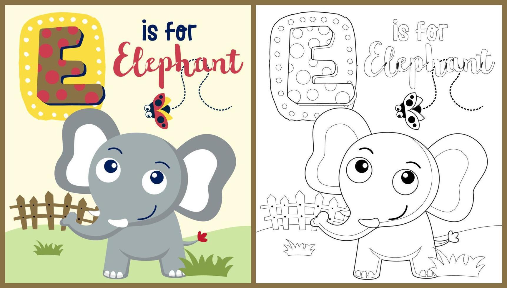 vecteur dessin animé de l'éléphant avec coccinelle dans jardin, coloration livre ou page