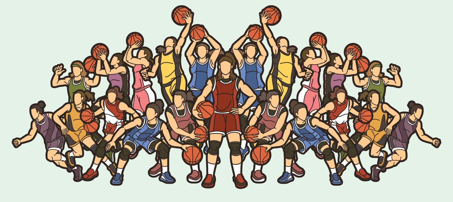 dessin animé groupe de basketball femmes joueurs action vecteur