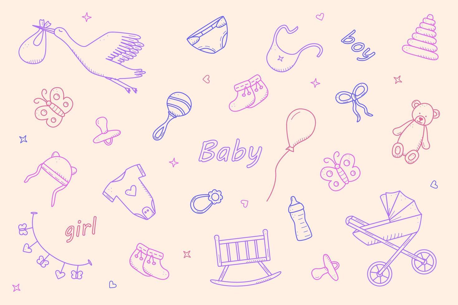 les icônes du nouveau-né définissent le style doodle. illustration vectorielle d'éléments pour un bébé vecteur