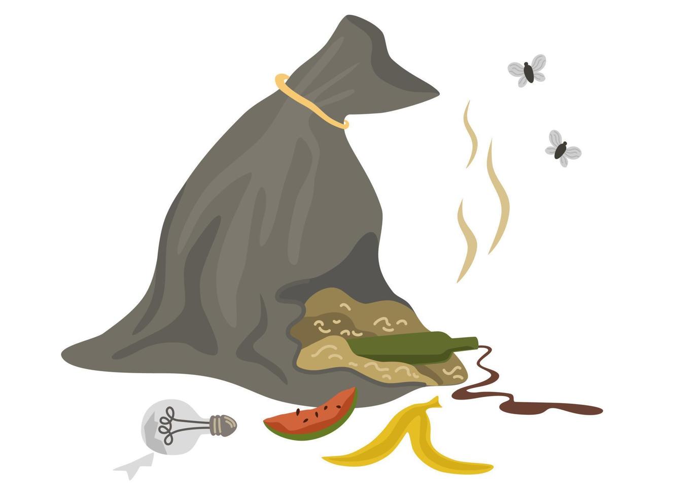 des ordures sac avec déchets, nourriture, lampe et mouches. non trié des ordures dans poubelle conteneurs. déchets poubelle. environnement catastrophe, des ordures tri. dessin animé poubelle soigné vecteur illustration de déchets des ordures