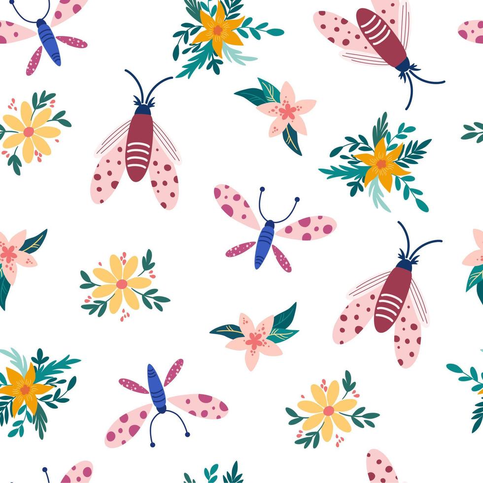 papillons et fleurs sans couture modèle. botanique, insectes Contexte. main tiré floral texture pour tissu, textile, numérique papiers. vecteur dessin animé illustration
