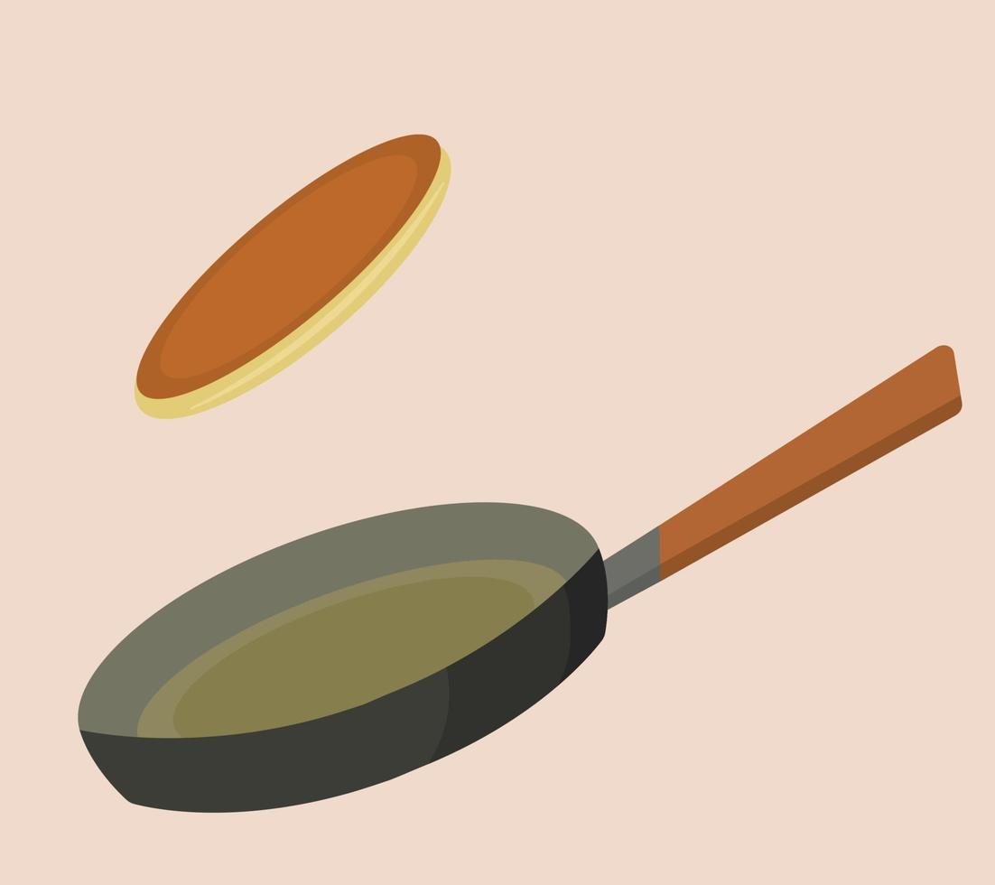 savoureuse crêpe américaine sur une poêle à frire. retourner la crêpe sur la poêle. mardi gras. maslenitsa. illustration vectorielle plane vecteur