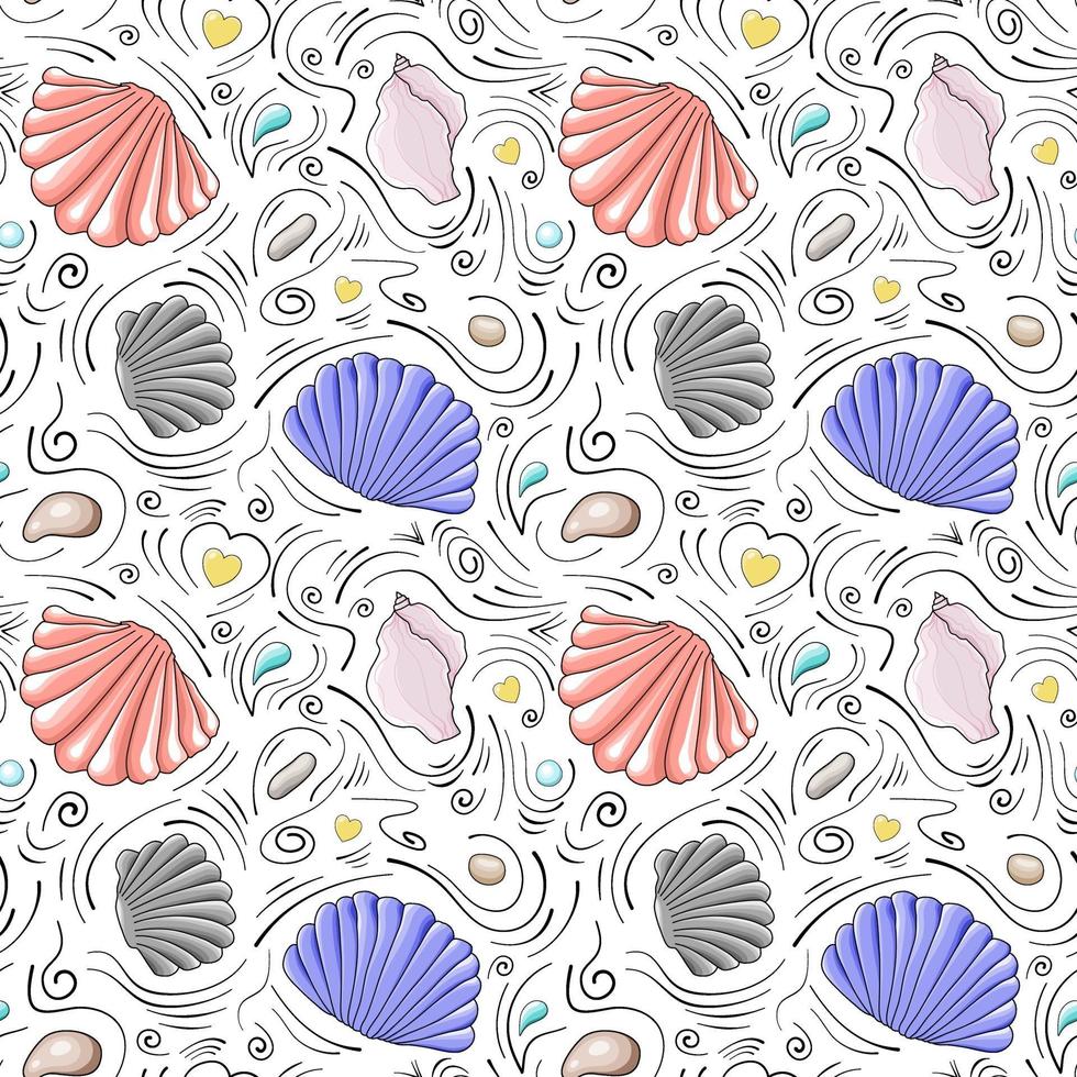 coquillages vector modèle sans couture en style cartoon. coquillages semi-circulaires gris et rouges, coquillages rose pâle, pierres de mer, gouttes et lignes de griffonnage noires