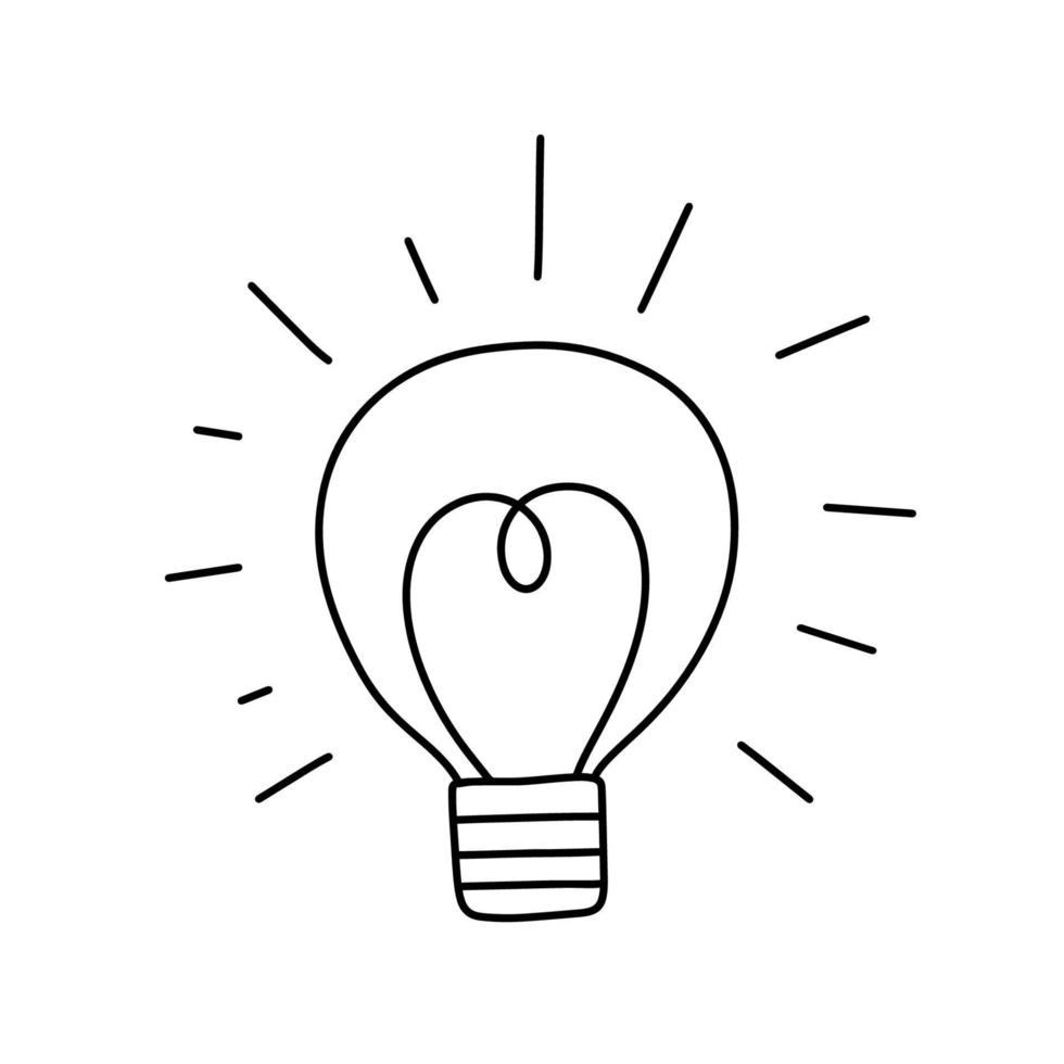 lumière ampoule contour icône isolé sur blanche. griffonnage vecteur illustration. éclairage électrique lampe. électricité, briller.