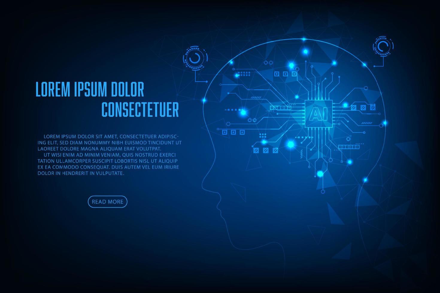 vecteur artificiel intelligence concept. bleu lumière puce électronique hologramme Humain diriger.