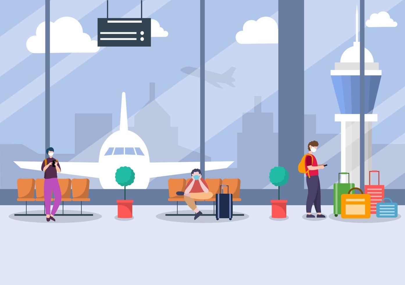 nouvelles personnes normales, illustration vectorielle dans des masques assis dans le terminal intérieur de l'aéroport, concept de voyage d'affaires. design plat. vecteur