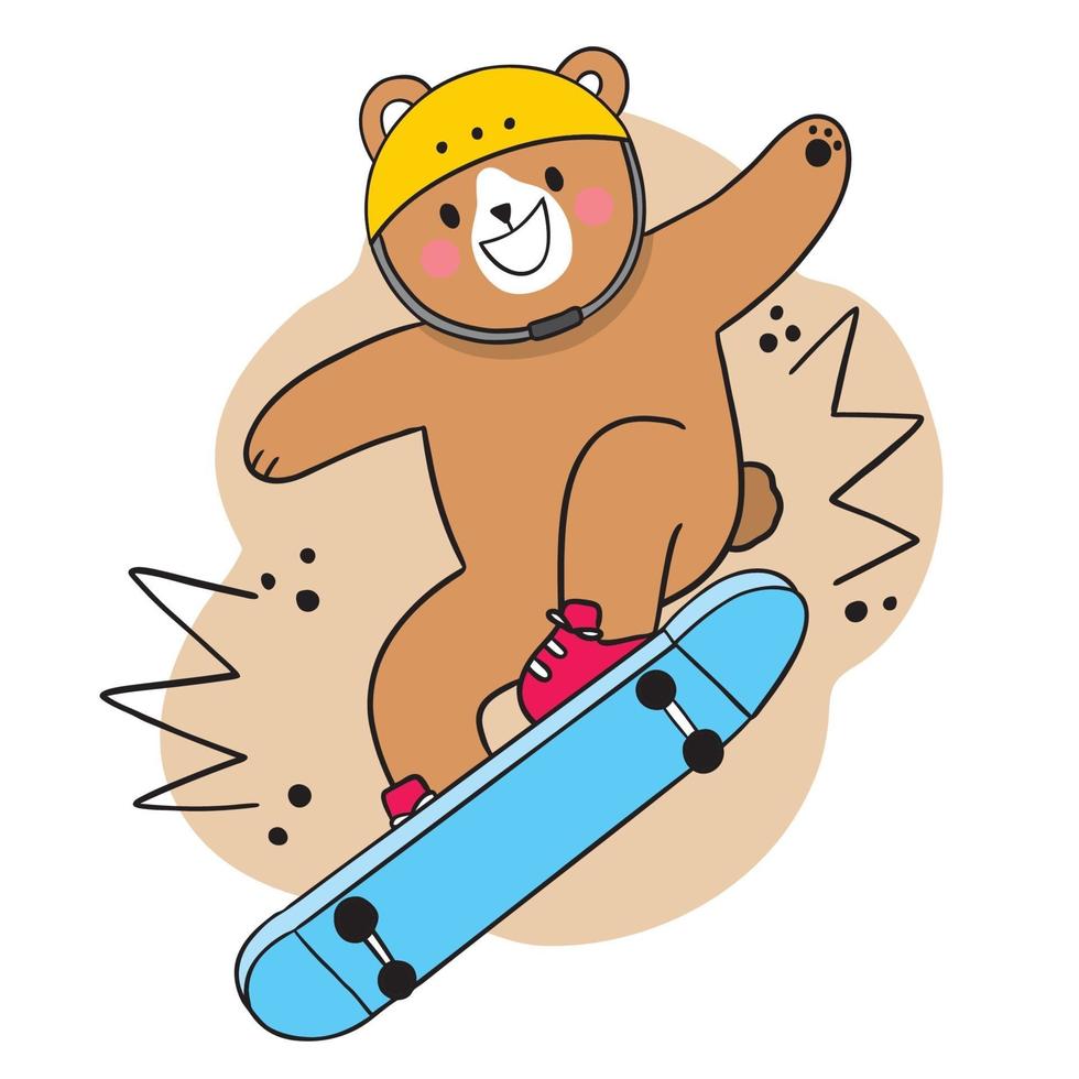 main dessiner dessin animé ours mignon jouant sur la planche à roulettes vecteur