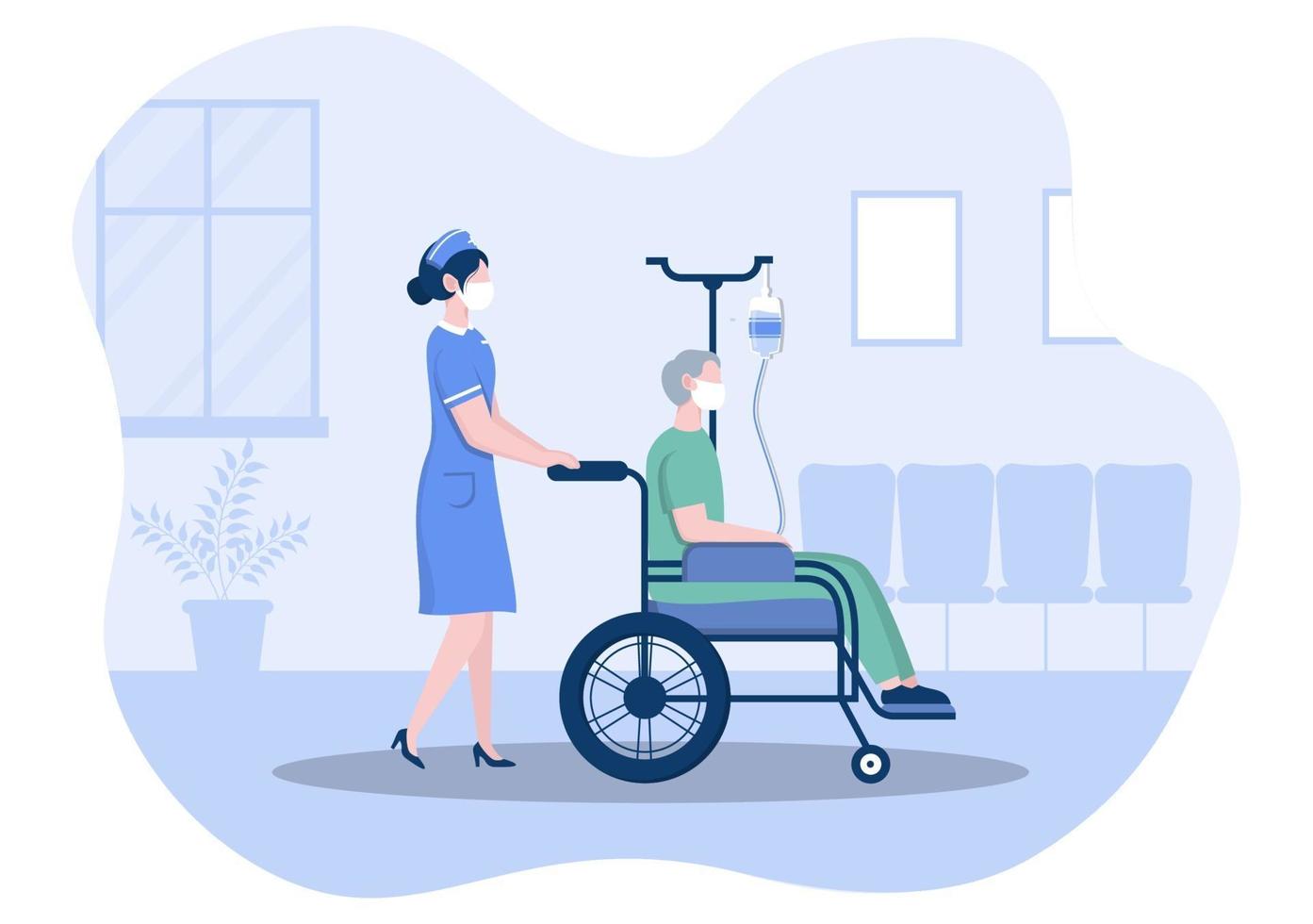 médecin ou infirmière en masque facial aidant avec un patient, l'infirmière pousse le fauteuil roulant avec un homme handicapé. concentration de personnel médical vecteur
