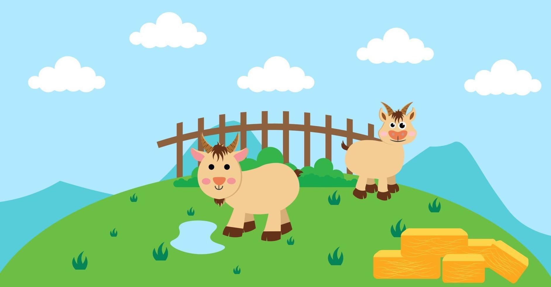 illustration de vecteur de dessin animé mignon de chèvre et de prairie rurale de ferme