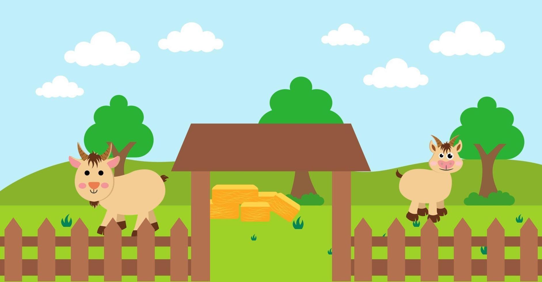 illustration de vecteur de dessin animé mignon de chèvre et de prairie rurale de ferme