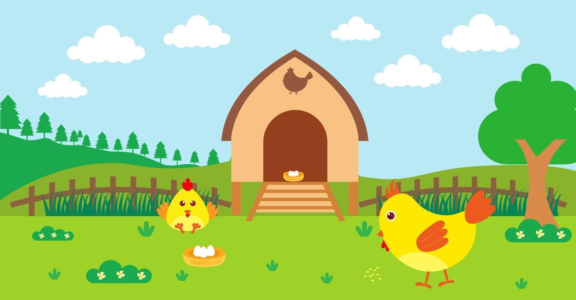 illustration de vecteur de dessin animé mignon de poulet et de prairie rurale de ferme