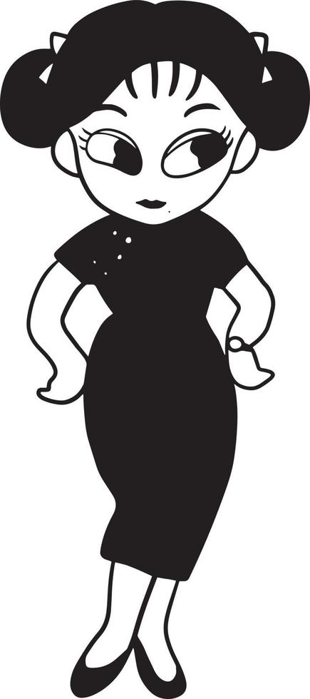 femme noir robe dessin animé griffonnage kawaii coloration page mignonne illustration clipart personnage chibi manga bande dessinée dessin gratuit Télécharger vecteur