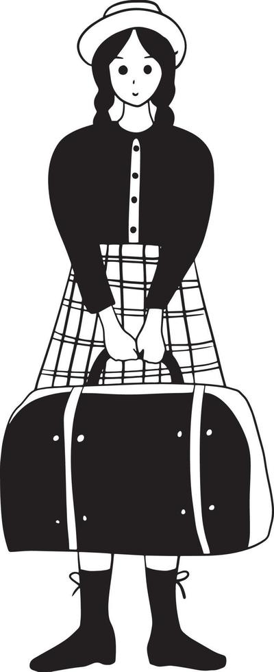 en portant sac femme noir robe dessin animé griffonnage kawaii anime coloration page mignonne illustration clipart personnage chibi manga bande dessinée dessin contour vecteur