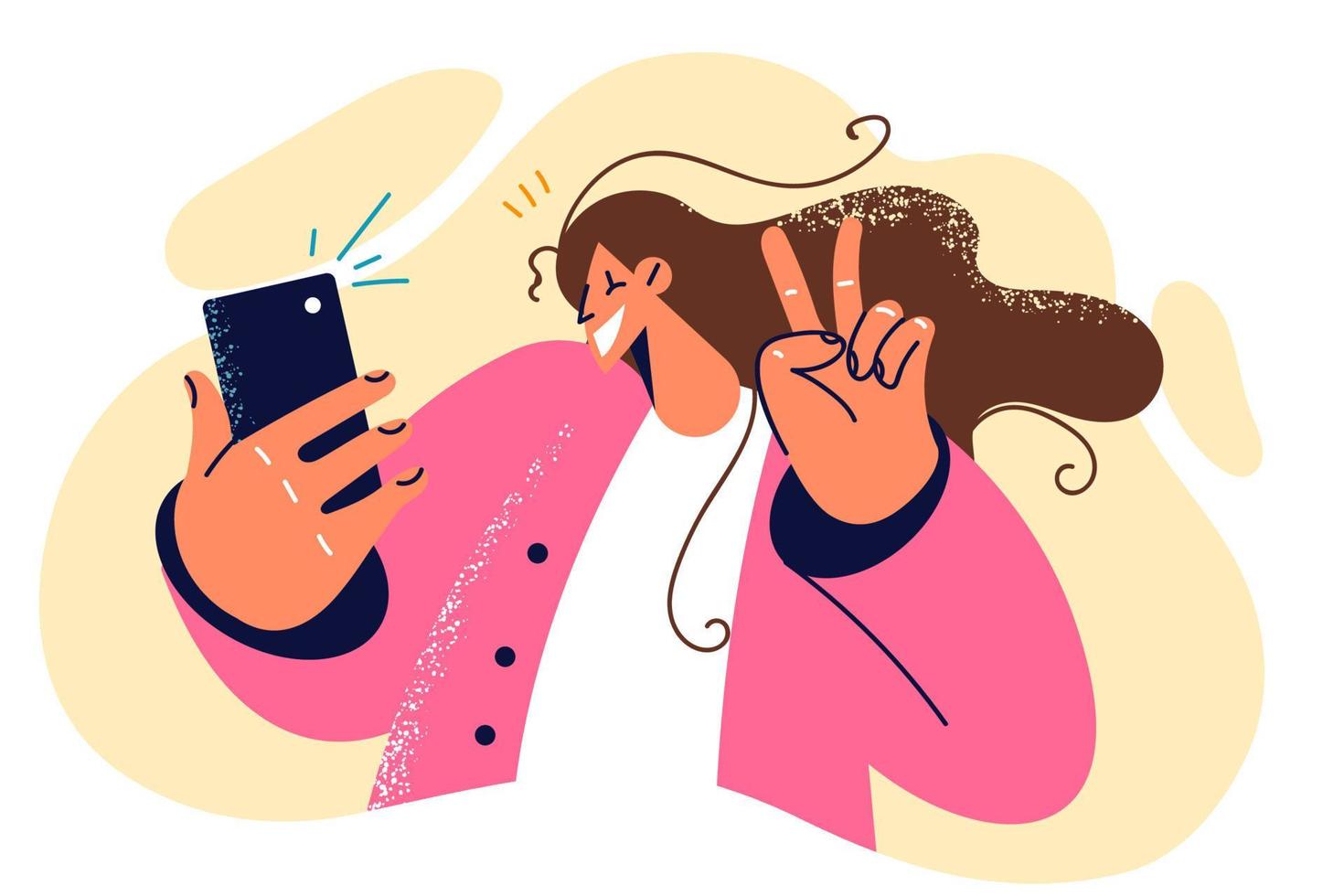 femme prend selfie sur téléphone vouloir à envoyer photo à copains sur social réseaux et avoir lot de aime et commentaires. fille montrant v geste prise selfie sur téléphone intelligent ou l'Internet vidéo diffuser vecteur