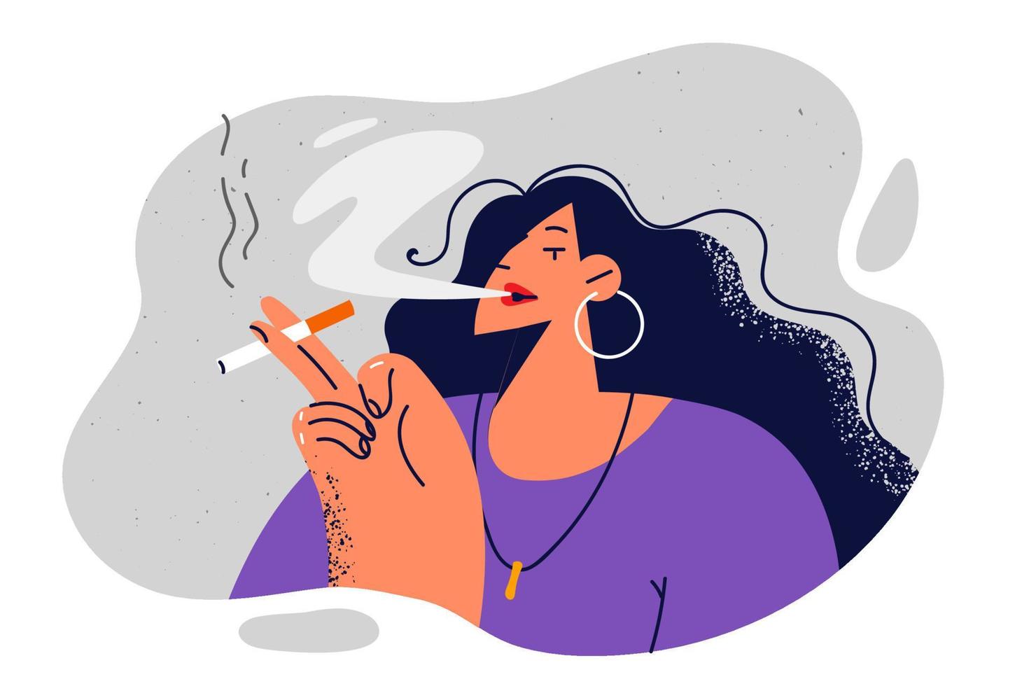 femme fume cigarette et communiqués fumée de bouche profiter court Pause pendant travail journée. poil long fille avec cigarette souffre de nicotine dépendance et des risques santé dû à le tabac utilisation vecteur