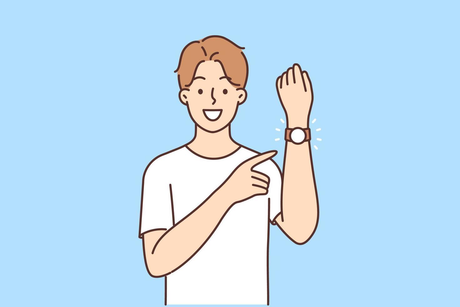 souriant homme point à regarder sur poignet. content gars spectacle avec doigt à intelligent regarder sur main. vecteur illustration.