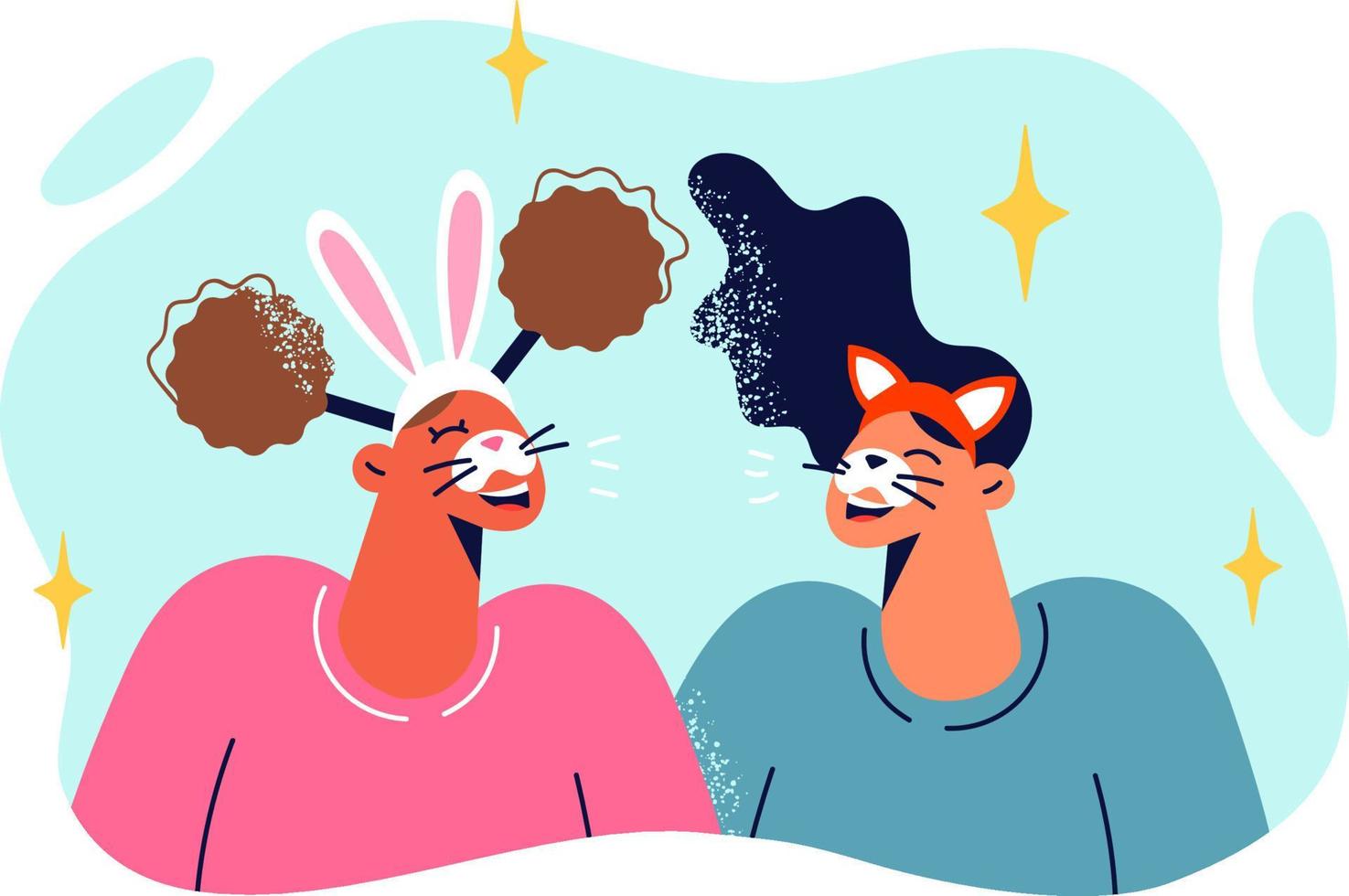 deux adolescent les filles portant animal masques pour mascarade Balle ou Halloween faire la fête. content adolescents avec lapin et Renard masques pour Aller à école costume fête en riant lorsque voir chaque autre vecteur