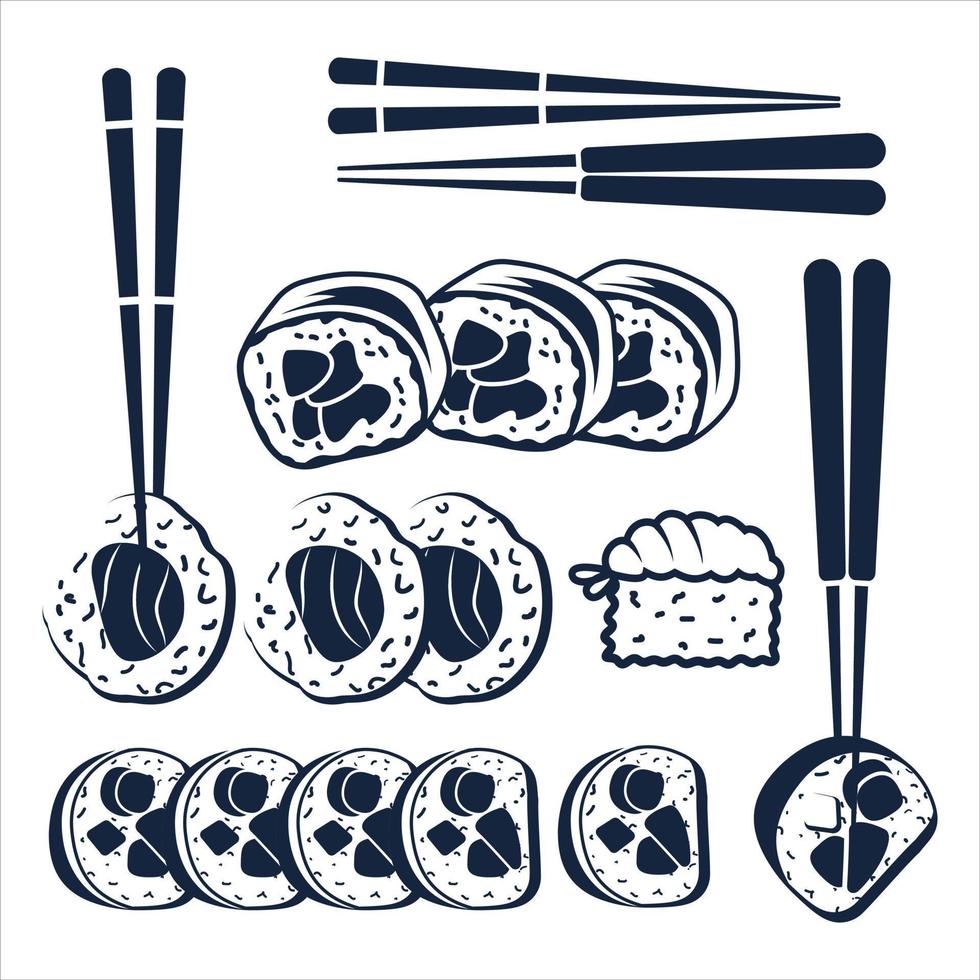 meilleur Sushi agrafe art asiatique nourriture ensemble, agrafe art vecteur, élément, et noir Couleur prime vecteur. Créatif de haute qualité unique Sushi agrafe art illustration vecteur. vecteur