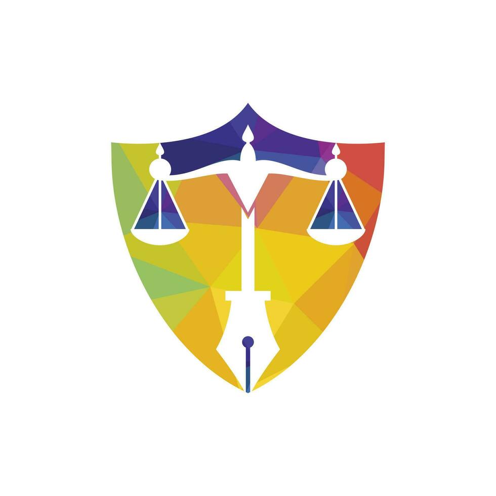 vecteur de logo de droit avec équilibre judiciaire symbolique de l'échelle de la justice dans une pointe de stylo. vecteur de logo pour le droit, les tribunaux, les services de justice et les entreprises.