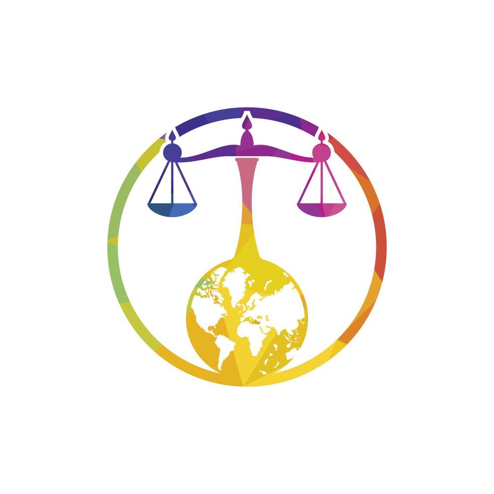 concept de logo de tribunal international et de cour suprême. échelles sur la conception d'icône de globe. vecteur