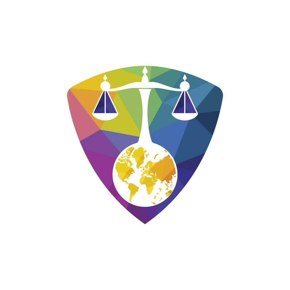 concept de logo de tribunal international et de cour suprême. échelles sur la conception d'icône de globe. vecteur