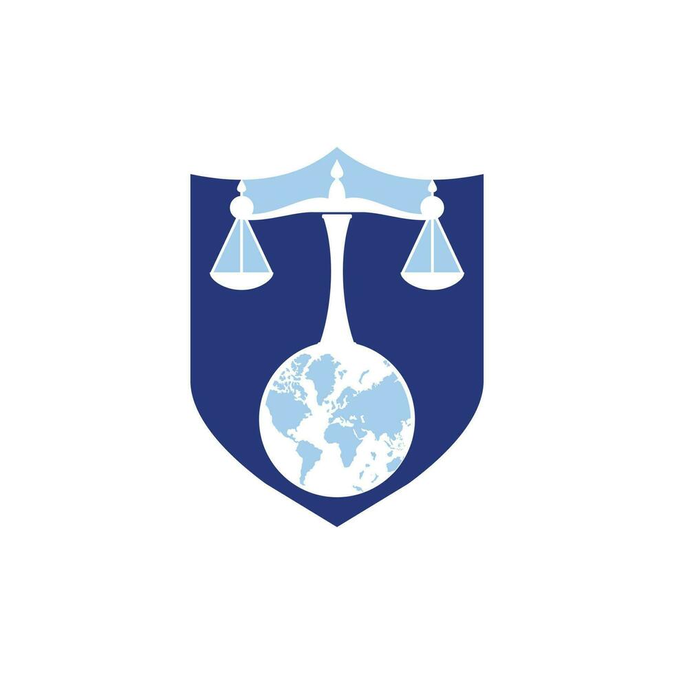 concept de logo de tribunal international et de cour suprême. échelles sur la conception d'icône de globe. vecteur