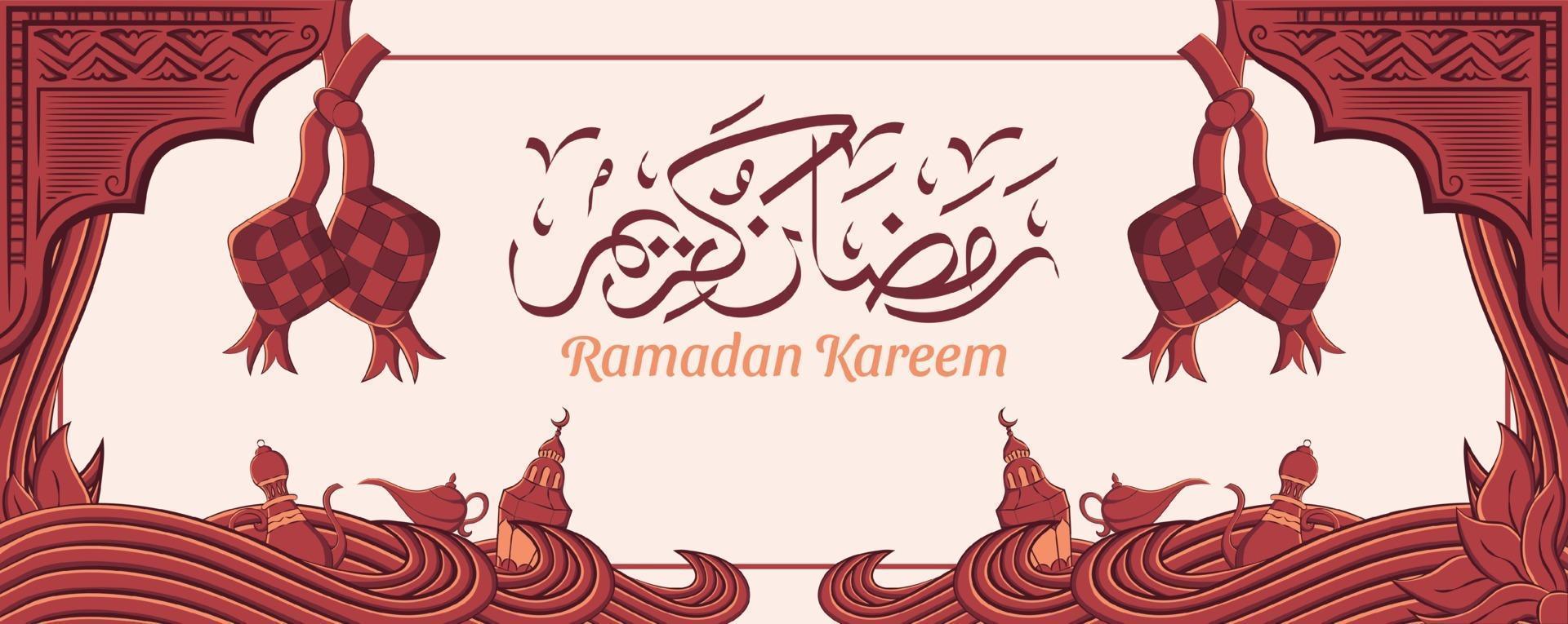 bannière de ramadan kareem avec ornement illustration islamique dessinés à la main sur fond blanc. vecteur