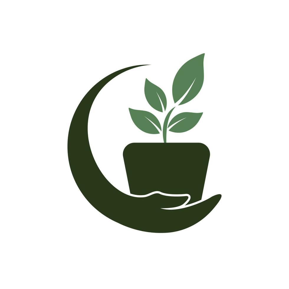 fleur pot dans main vecteur logo conception. jardin se soucier logo conception concept.