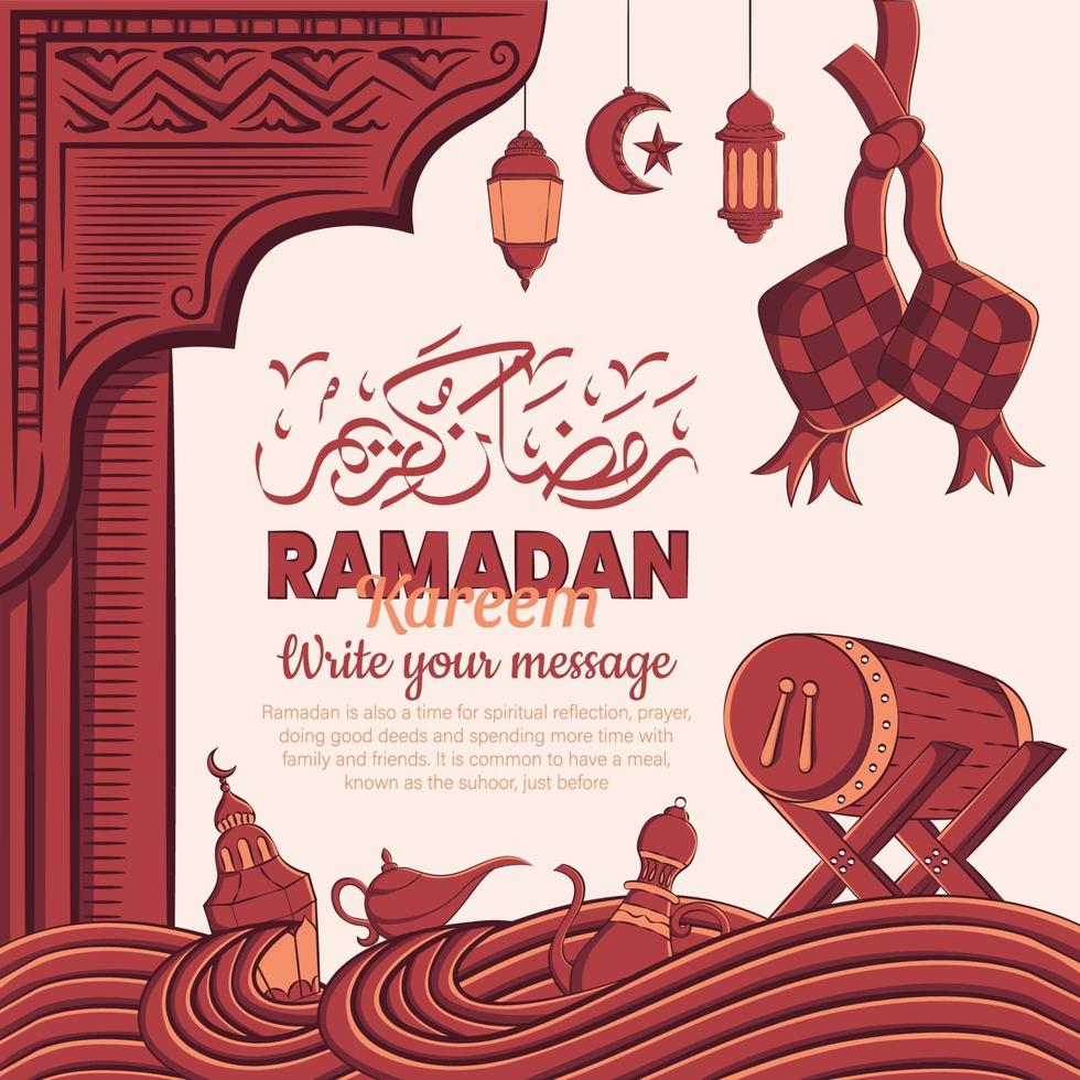 illustration dessinée à la main du ramadan kareem ou eid mubarak concept de voeux en fond blanc. vecteur