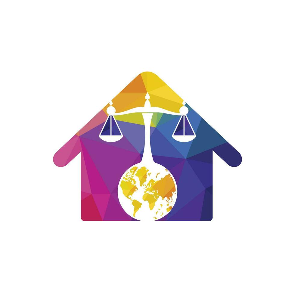 concept de logo de tribunal international et de cour suprême. échelles sur la conception d'icône de globe. vecteur