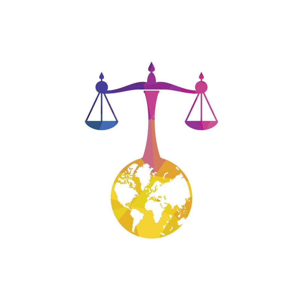 concept de logo de tribunal international et de cour suprême. échelles sur la conception d'icône de globe. vecteur