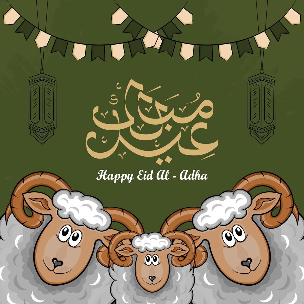 cartes de voeux eid al-adha avec des moutons dessinés à la main et des lanternes sur fond vert. vecteur