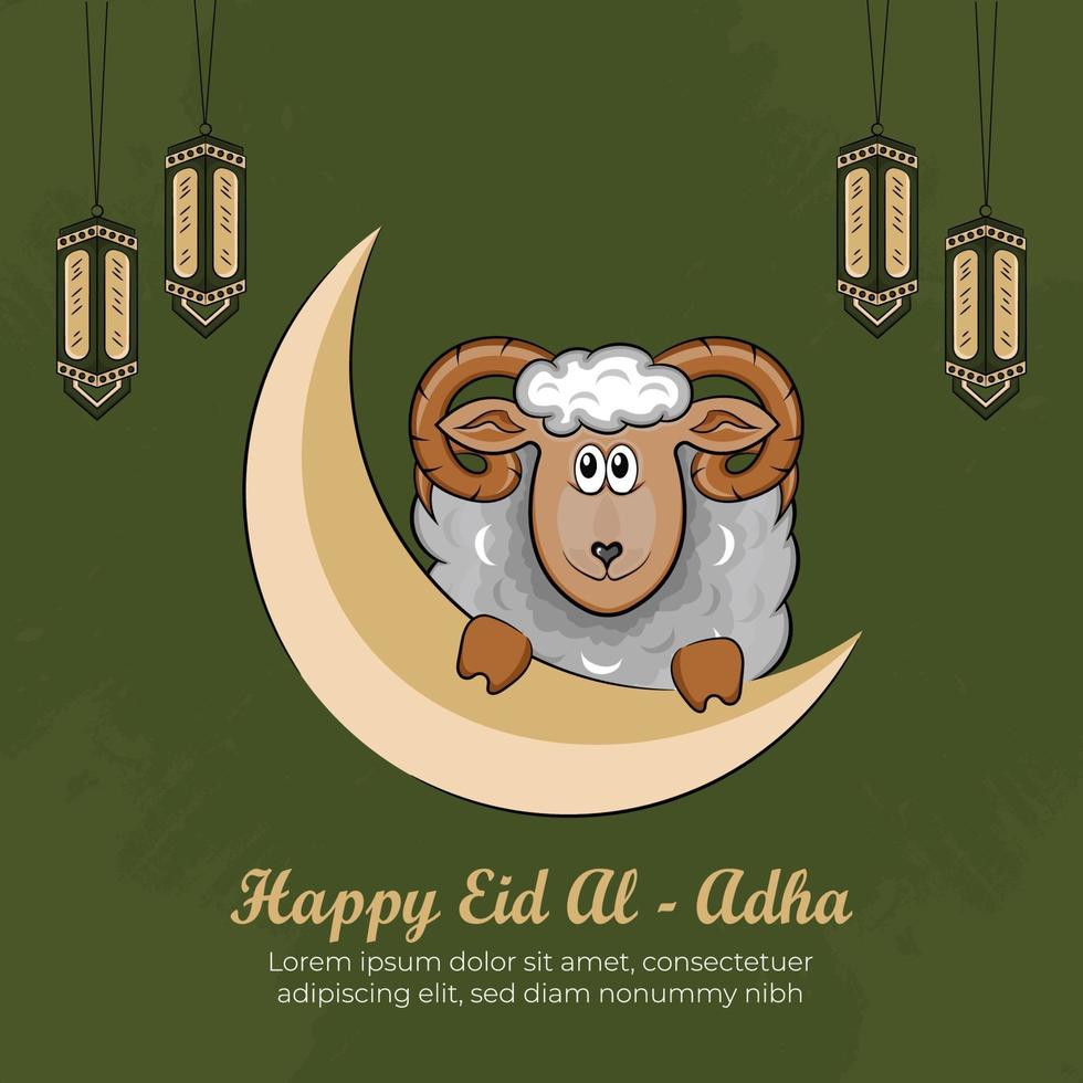 Cartes de voeux eid al-adha avec moutons dessinés à la main sur fond vert. vecteur