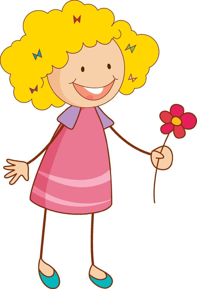 un enfant de griffonnage tenant le personnage de dessin animé de fleur isolé vecteur