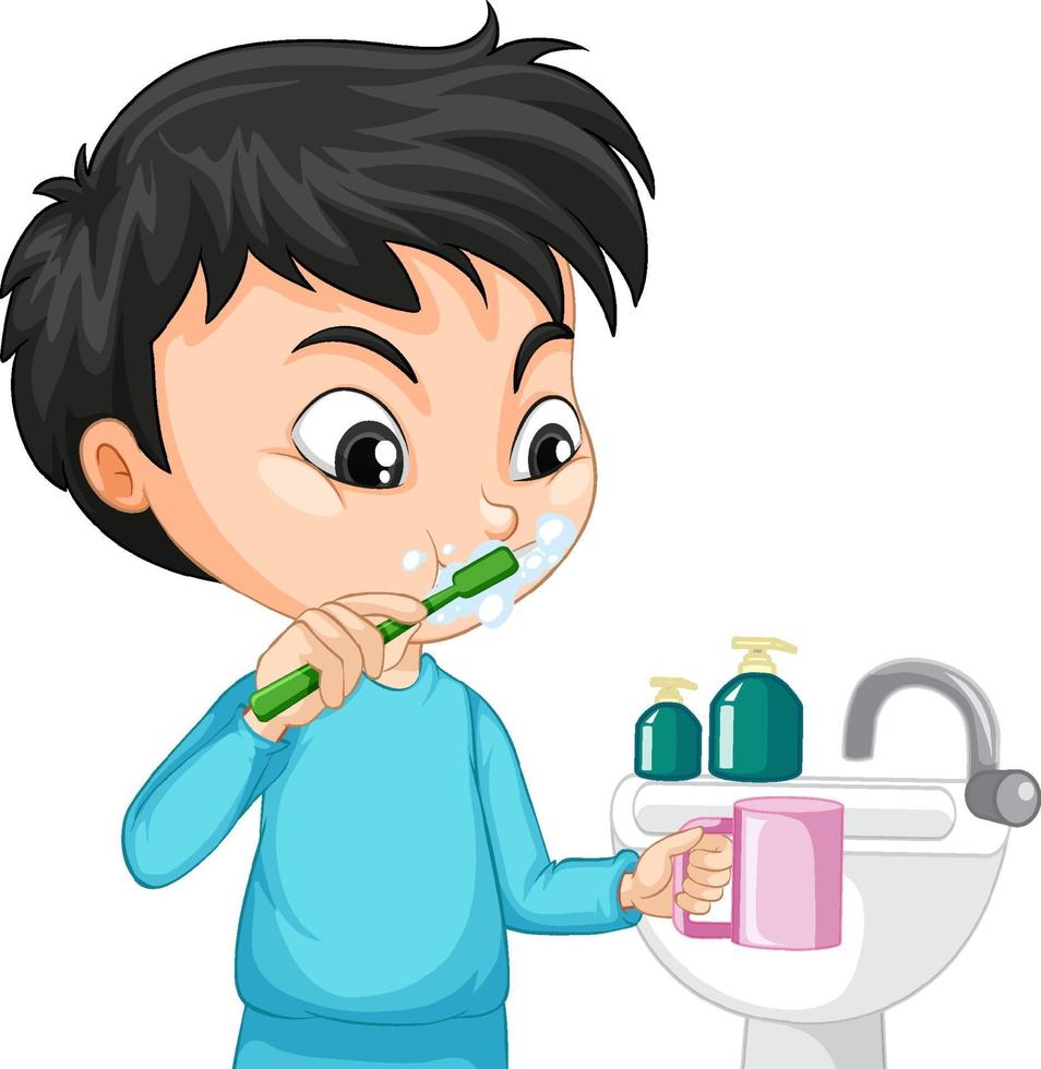 personnage de dessin animé de garçon se brosser les dents avec évier vecteur