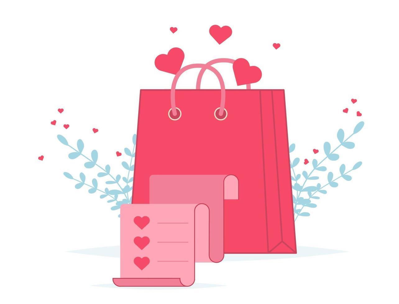 sac à provisions Saint Valentin avec liste de magasin. sac de papier cadeau d'amour vecteur