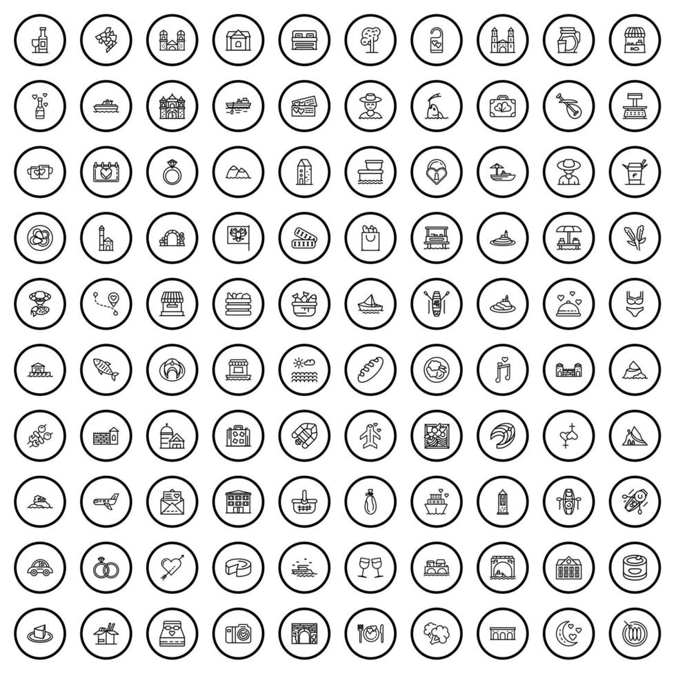 Ensemble de 100 icônes de tourisme, style de contour vecteur