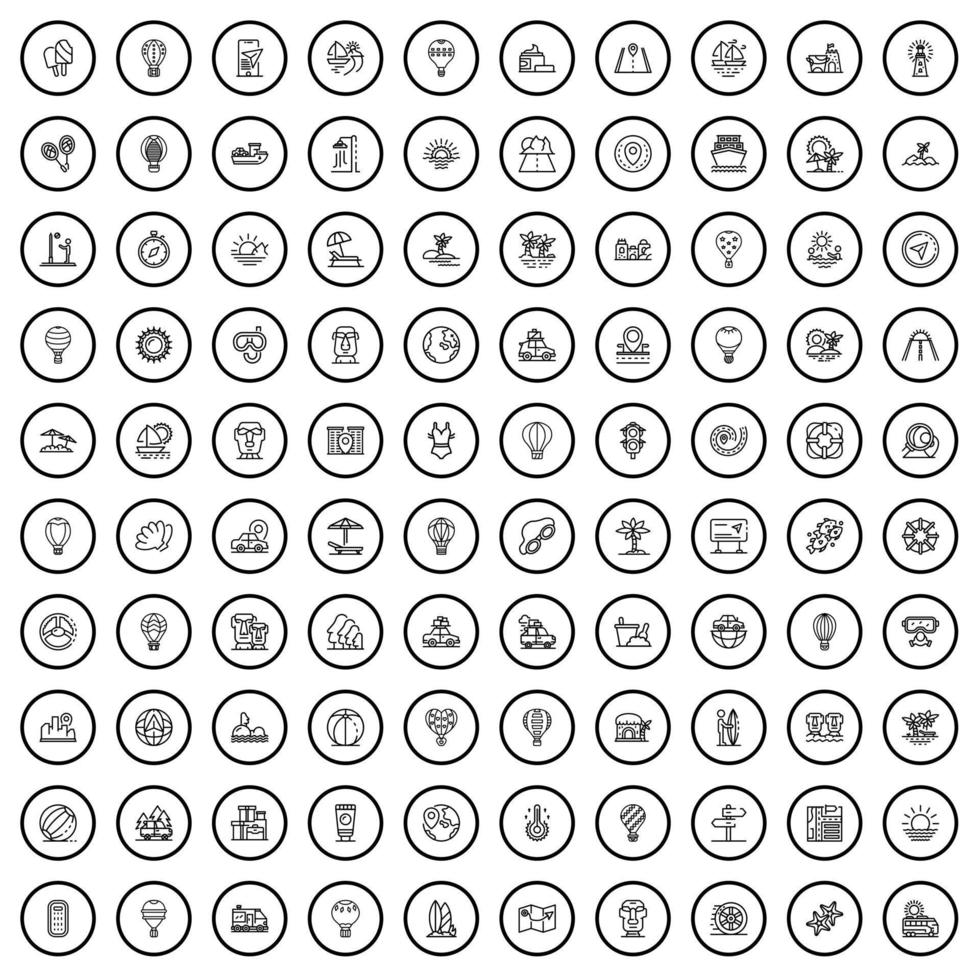 Ensemble de 100 icônes de voyage, style de contour vecteur