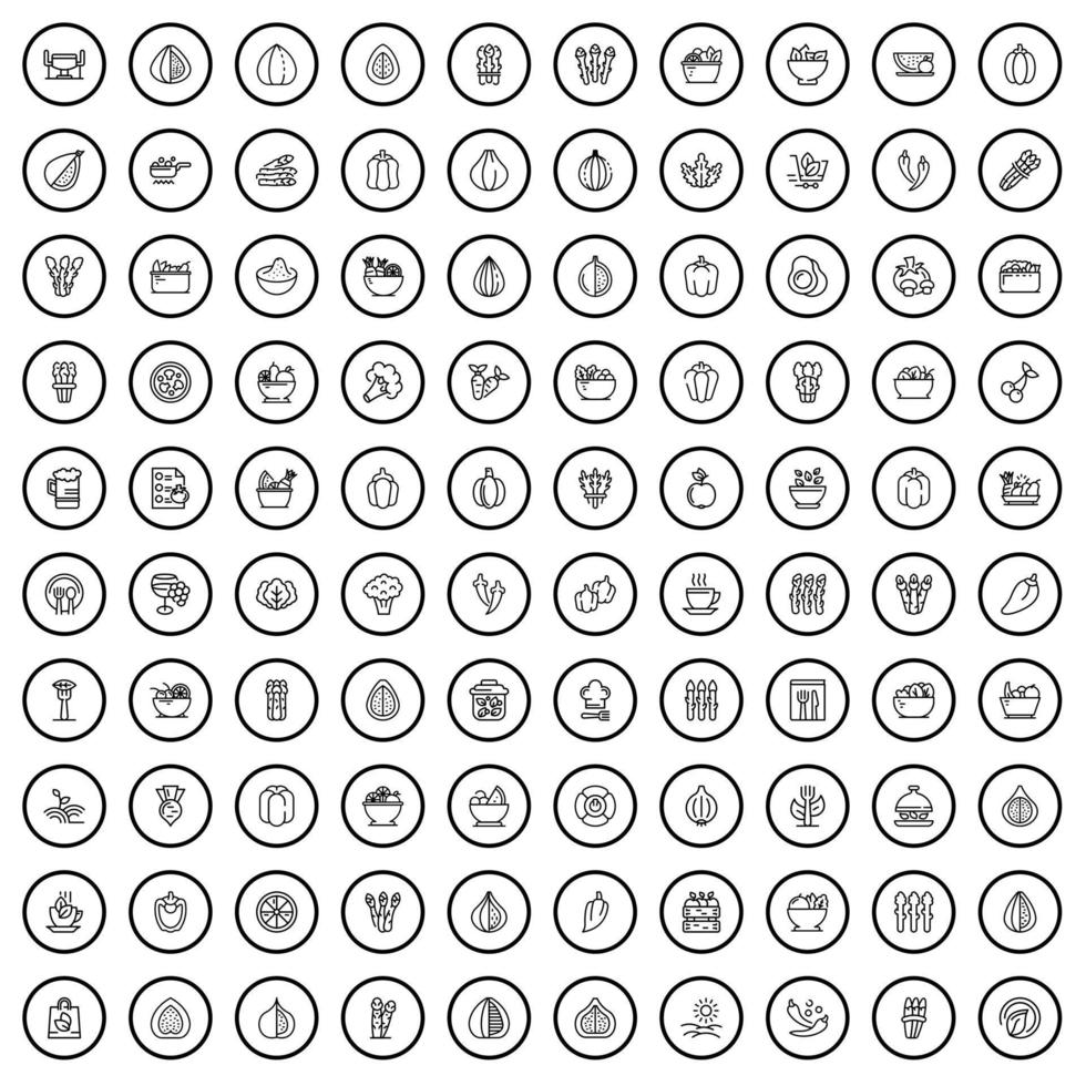 Ensemble de 100 icônes végétariennes, style de contour vecteur