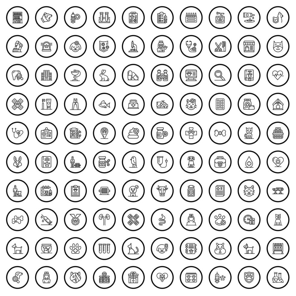 Ensemble de 100 icônes vétérinaires, style de contour vecteur
