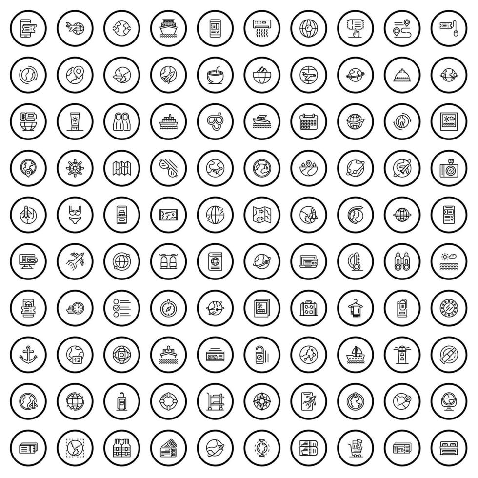 Ensemble de 100 icônes de voyage, style de contour vecteur