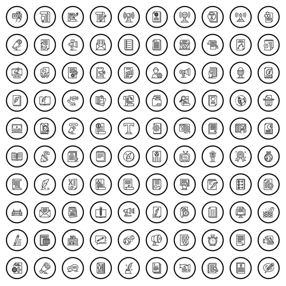 Ensemble de 100 icônes de médias de masse, style de contour vecteur